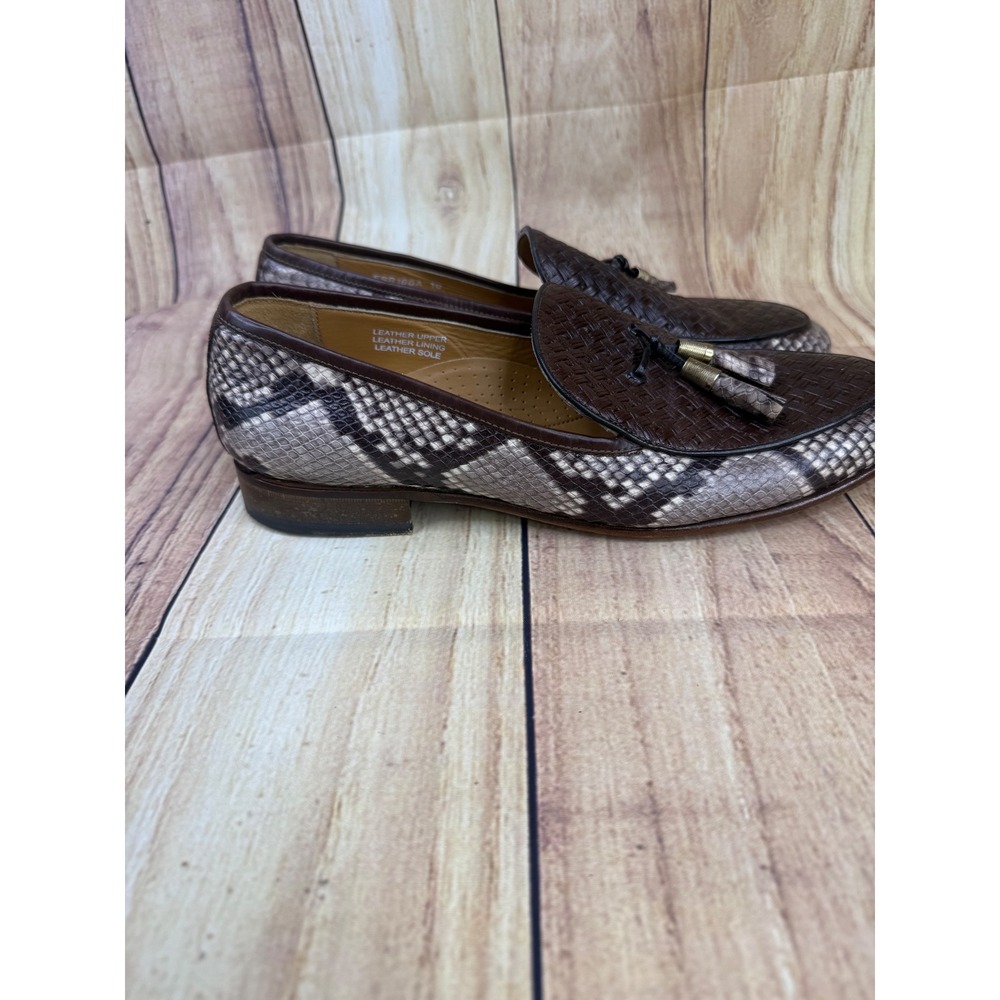 Paul Fredrick Mens 10 Loafers Brown Woven Leather Snakeskin Tassel FSR160A Italy